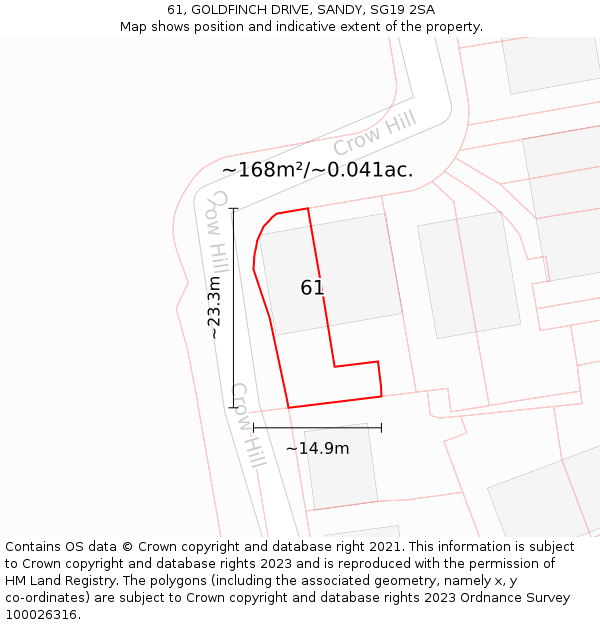 61, GOLDFINCH DRIVE, SANDY, SG19 2SA: Plot and title map