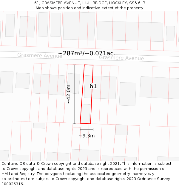 61, GRASMERE AVENUE, HULLBRIDGE, HOCKLEY, SS5 6LB: Plot and title map