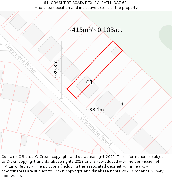 61, GRASMERE ROAD, BEXLEYHEATH, DA7 6PL: Plot and title map