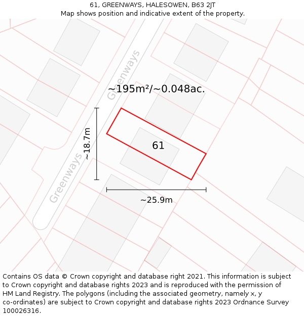 61, GREENWAYS, HALESOWEN, B63 2JT: Plot and title map