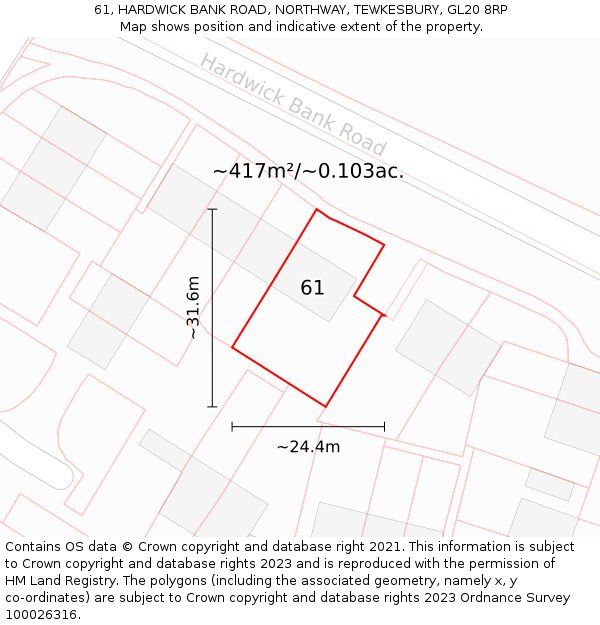 61, HARDWICK BANK ROAD, NORTHWAY, TEWKESBURY, GL20 8RP: Plot and title map