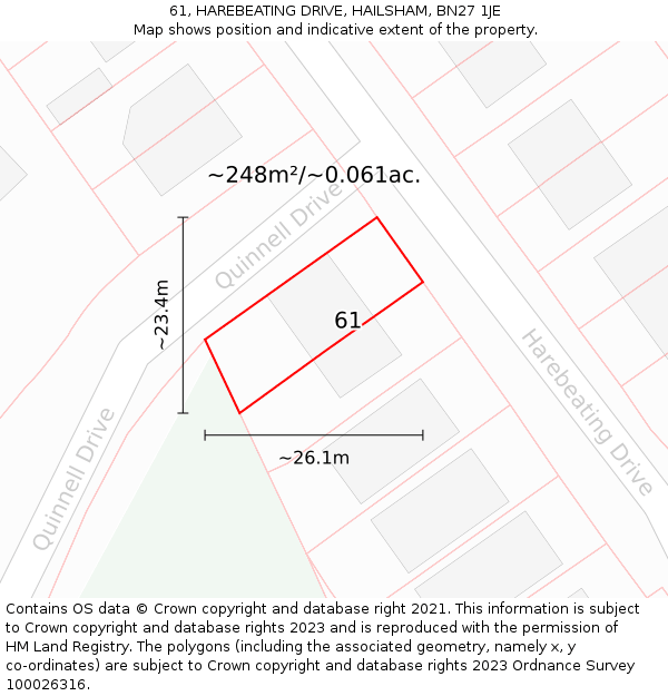 61, HAREBEATING DRIVE, HAILSHAM, BN27 1JE: Plot and title map