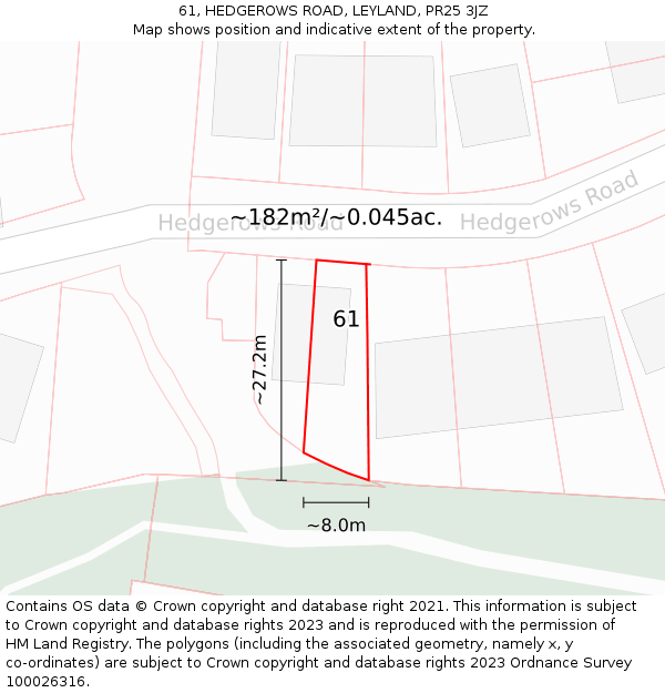 61, HEDGEROWS ROAD, LEYLAND, PR25 3JZ: Plot and title map