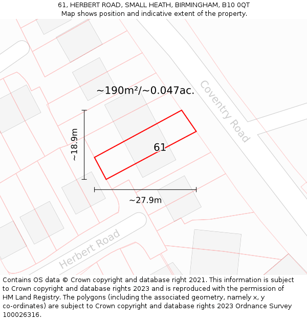 61, HERBERT ROAD, SMALL HEATH, BIRMINGHAM, B10 0QT: Plot and title map