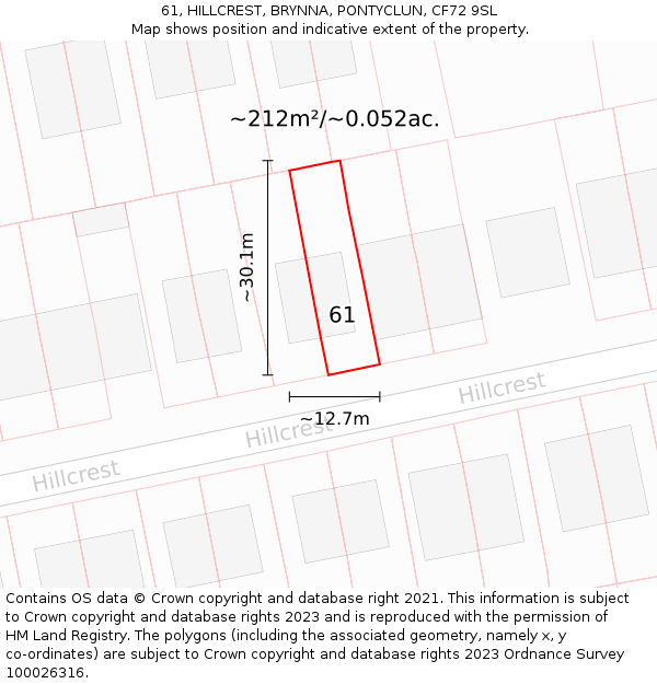 61, HILLCREST, BRYNNA, PONTYCLUN, CF72 9SL: Plot and title map