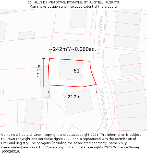 61, HILLSIDE MEADOWS, FOXHOLE, ST. AUSTELL, PL26 7TA: Plot and title map