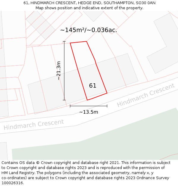 61, HINDMARCH CRESCENT, HEDGE END, SOUTHAMPTON, SO30 0AN: Plot and title map