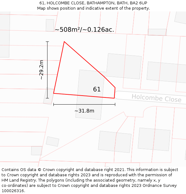 61, HOLCOMBE CLOSE, BATHAMPTON, BATH, BA2 6UP: Plot and title map
