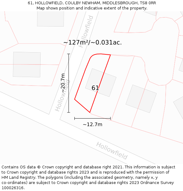 61, HOLLOWFIELD, COULBY NEWHAM, MIDDLESBROUGH, TS8 0RR: Plot and title map