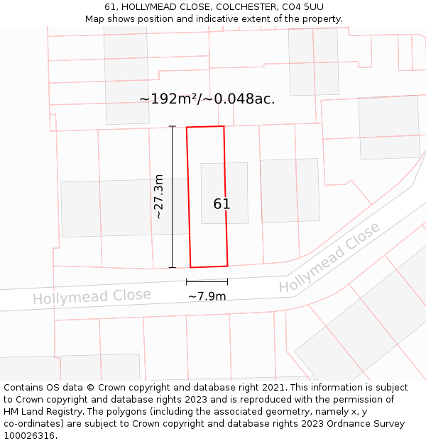 61, HOLLYMEAD CLOSE, COLCHESTER, CO4 5UU: Plot and title map