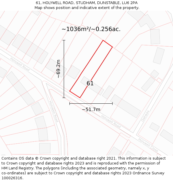 61, HOLYWELL ROAD, STUDHAM, DUNSTABLE, LU6 2PA: Plot and title map