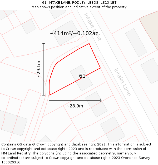 61, INTAKE LANE, RODLEY, LEEDS, LS13 1BT: Plot and title map