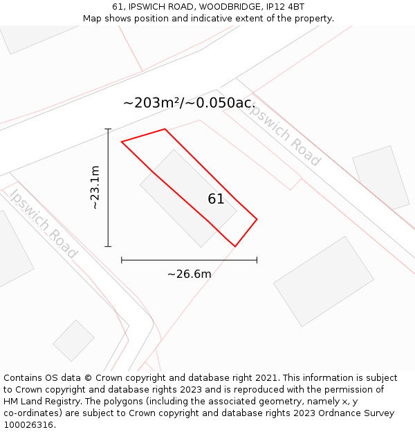 61, IPSWICH ROAD, WOODBRIDGE, IP12 4BT: Plot and title map