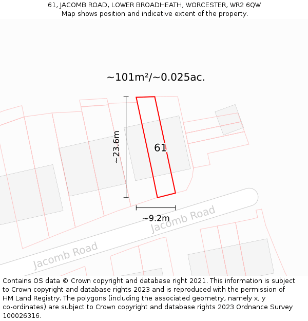 61, JACOMB ROAD, LOWER BROADHEATH, WORCESTER, WR2 6QW: Plot and title map