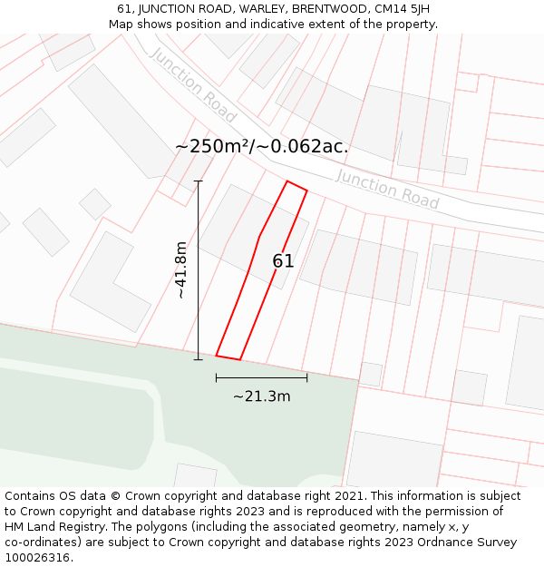 61, JUNCTION ROAD, WARLEY, BRENTWOOD, CM14 5JH: Plot and title map