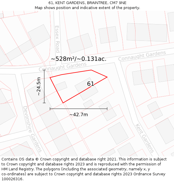 61, KENT GARDENS, BRAINTREE, CM7 9NE: Plot and title map