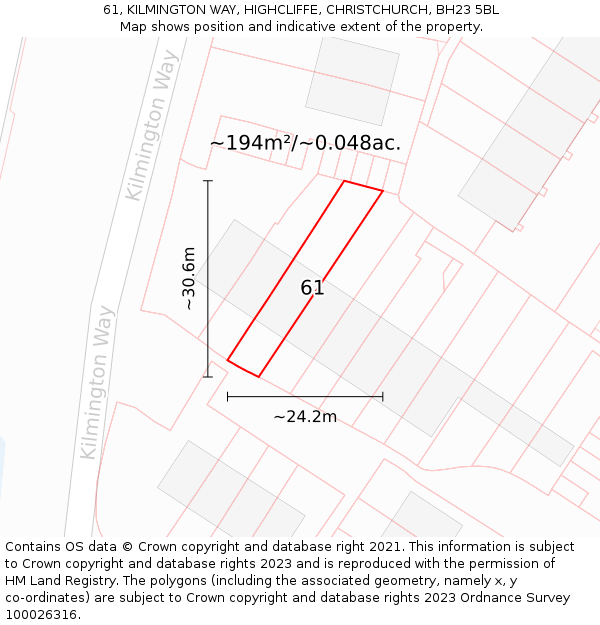 61, KILMINGTON WAY, HIGHCLIFFE, CHRISTCHURCH, BH23 5BL: Plot and title map