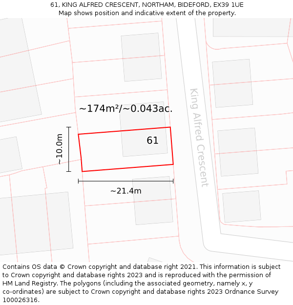 61, KING ALFRED CRESCENT, NORTHAM, BIDEFORD, EX39 1UE: Plot and title map