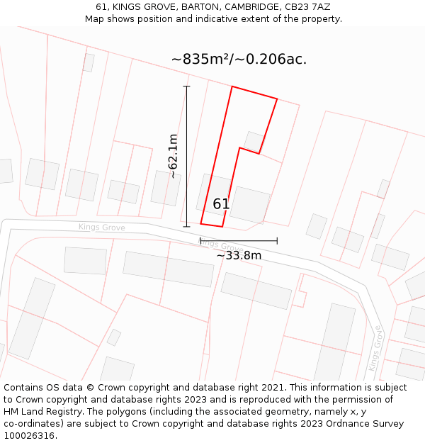 61, KINGS GROVE, BARTON, CAMBRIDGE, CB23 7AZ: Plot and title map