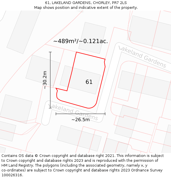 61, LAKELAND GARDENS, CHORLEY, PR7 2LS: Plot and title map