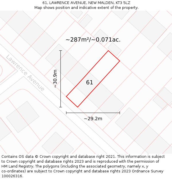 61, LAWRENCE AVENUE, NEW MALDEN, KT3 5LZ: Plot and title map