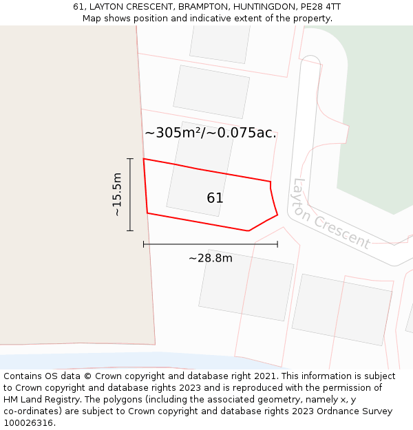 61, LAYTON CRESCENT, BRAMPTON, HUNTINGDON, PE28 4TT: Plot and title map