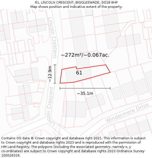 61, LINCOLN CRESCENT, BIGGLESWADE, SG18 8HP: Plot and title map