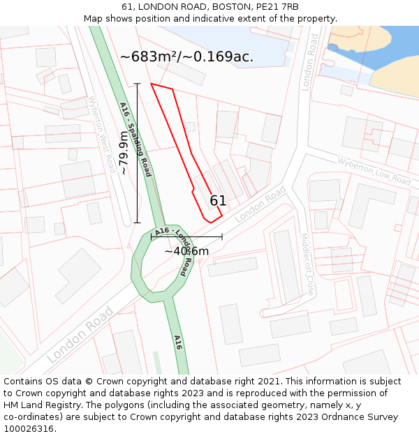 61, LONDON ROAD, BOSTON, PE21 7RB: Plot and title map