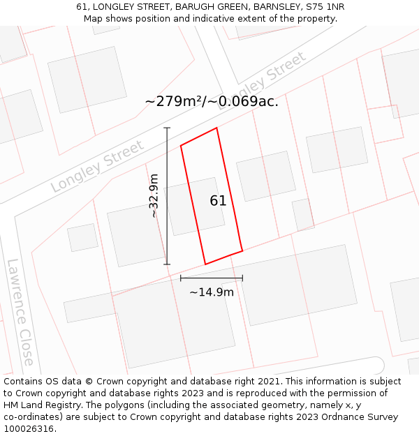 61, LONGLEY STREET, BARUGH GREEN, BARNSLEY, S75 1NR: Plot and title map