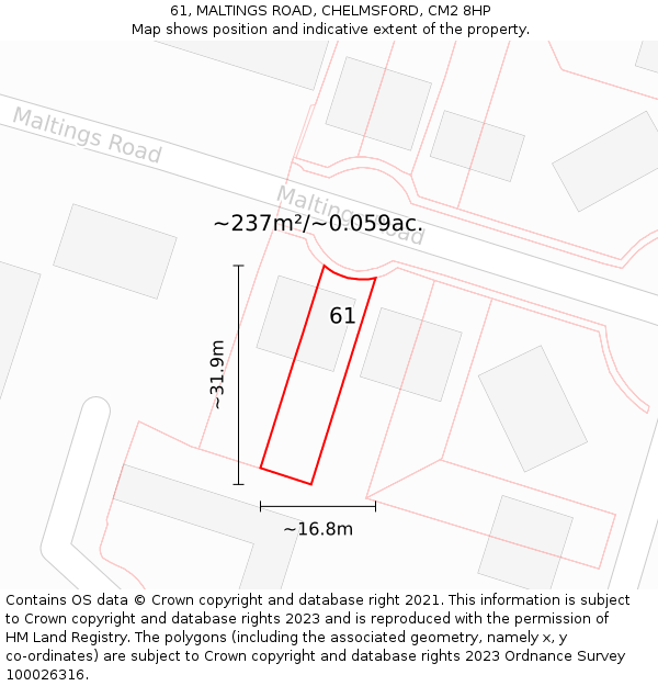 61, MALTINGS ROAD, CHELMSFORD, CM2 8HP: Plot and title map