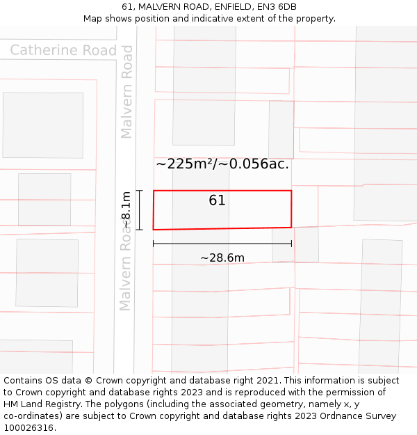 61, MALVERN ROAD, ENFIELD, EN3 6DB: Plot and title map