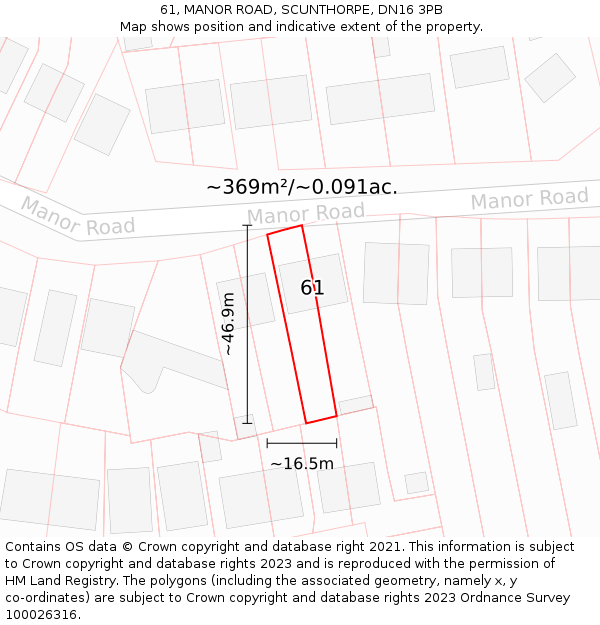 61, MANOR ROAD, SCUNTHORPE, DN16 3PB: Plot and title map