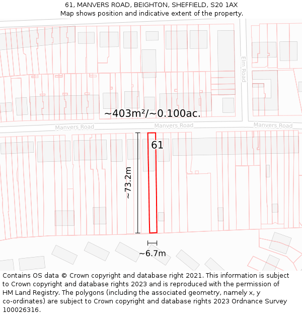 61, MANVERS ROAD, BEIGHTON, SHEFFIELD, S20 1AX: Plot and title map