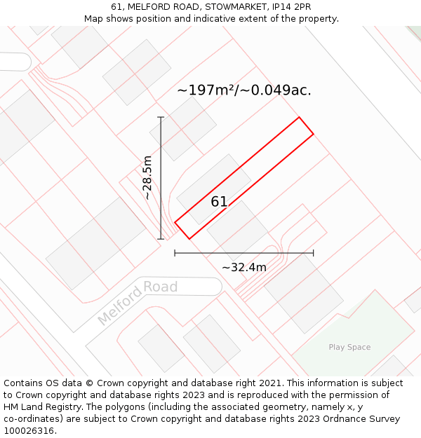 61, MELFORD ROAD, STOWMARKET, IP14 2PR: Plot and title map
