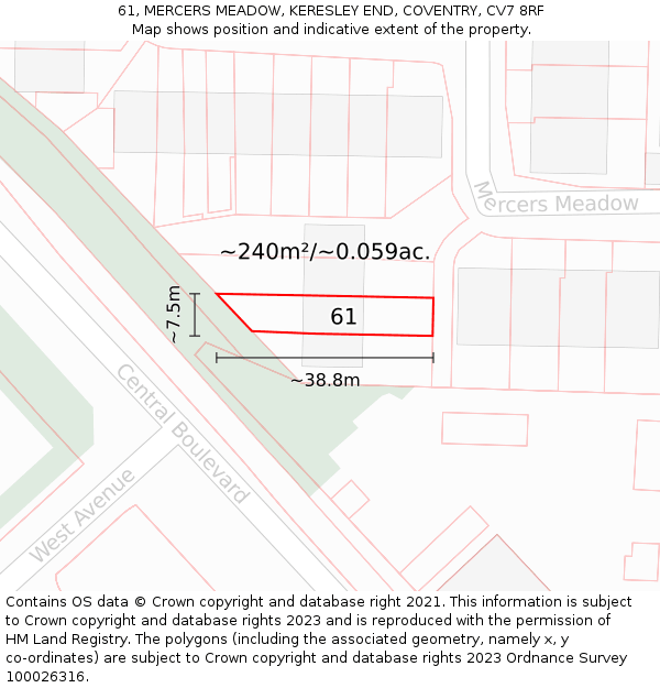 61, MERCERS MEADOW, KERESLEY END, COVENTRY, CV7 8RF: Plot and title map