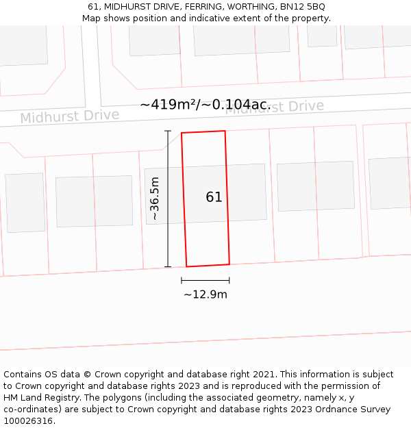 61, MIDHURST DRIVE, FERRING, WORTHING, BN12 5BQ: Plot and title map