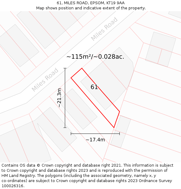 61, MILES ROAD, EPSOM, KT19 9AA: Plot and title map