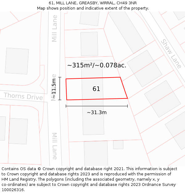 61, MILL LANE, GREASBY, WIRRAL, CH49 3NR: Plot and title map