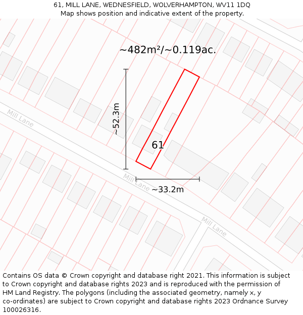 61, MILL LANE, WEDNESFIELD, WOLVERHAMPTON, WV11 1DQ: Plot and title map