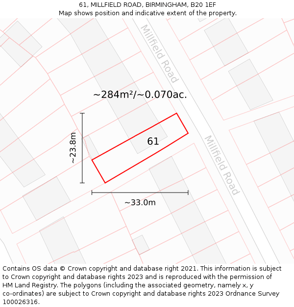 61, MILLFIELD ROAD, BIRMINGHAM, B20 1EF: Plot and title map