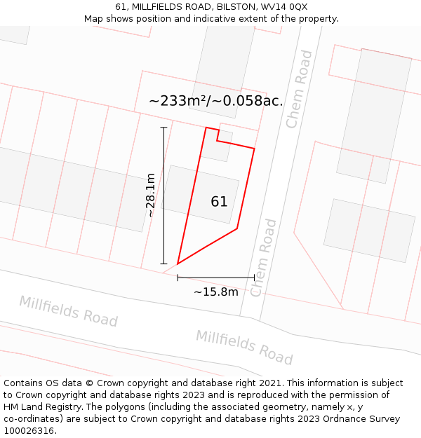 61, MILLFIELDS ROAD, BILSTON, WV14 0QX: Plot and title map