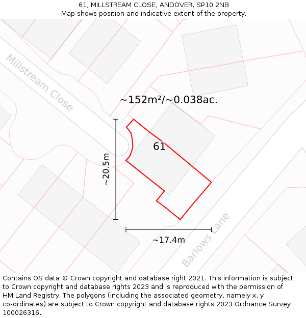 61, MILLSTREAM CLOSE, ANDOVER, SP10 2NB: Plot and title map