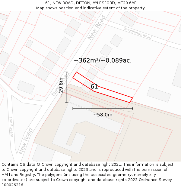 61, NEW ROAD, DITTON, AYLESFORD, ME20 6AE: Plot and title map