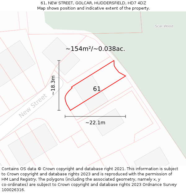 61, NEW STREET, GOLCAR, HUDDERSFIELD, HD7 4DZ: Plot and title map