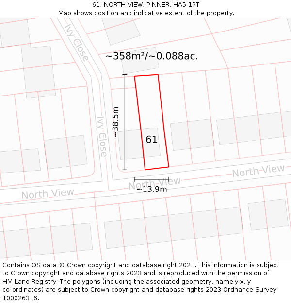 61, NORTH VIEW, PINNER, HA5 1PT: Plot and title map