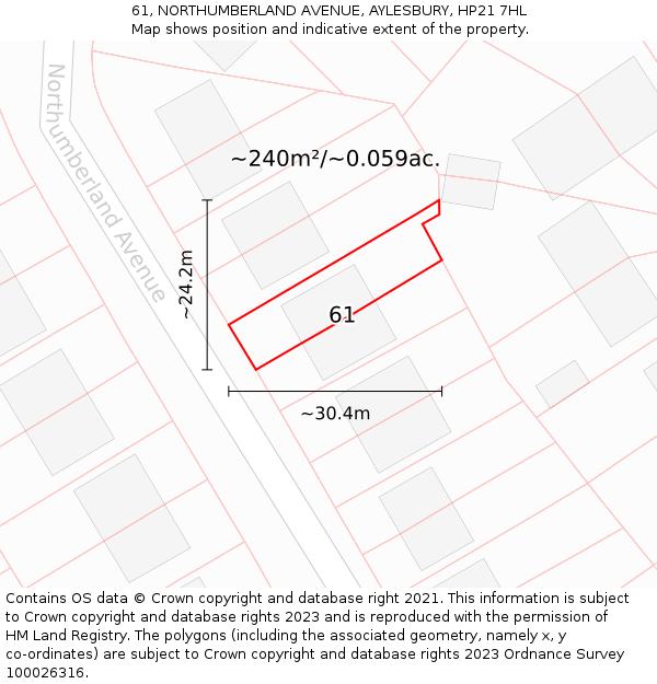 61, NORTHUMBERLAND AVENUE, AYLESBURY, HP21 7HL: Plot and title map