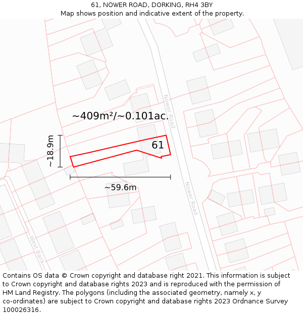 61, NOWER ROAD, DORKING, RH4 3BY: Plot and title map