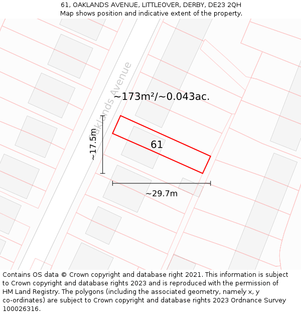 61, OAKLANDS AVENUE, LITTLEOVER, DERBY, DE23 2QH: Plot and title map
