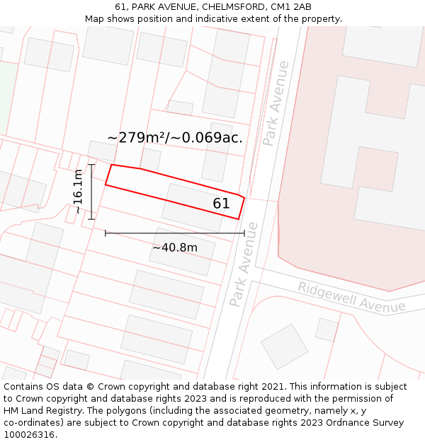 61, PARK AVENUE, CHELMSFORD, CM1 2AB: Plot and title map