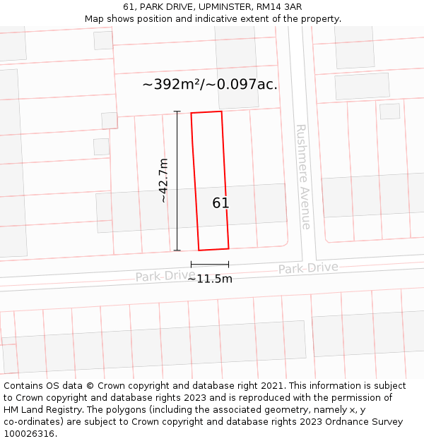 61, PARK DRIVE, UPMINSTER, RM14 3AR: Plot and title map